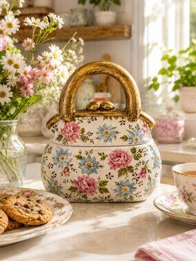 Purse Cookie Jar Floral Ceramic Handbag Storage Cottagecore Statement Decor